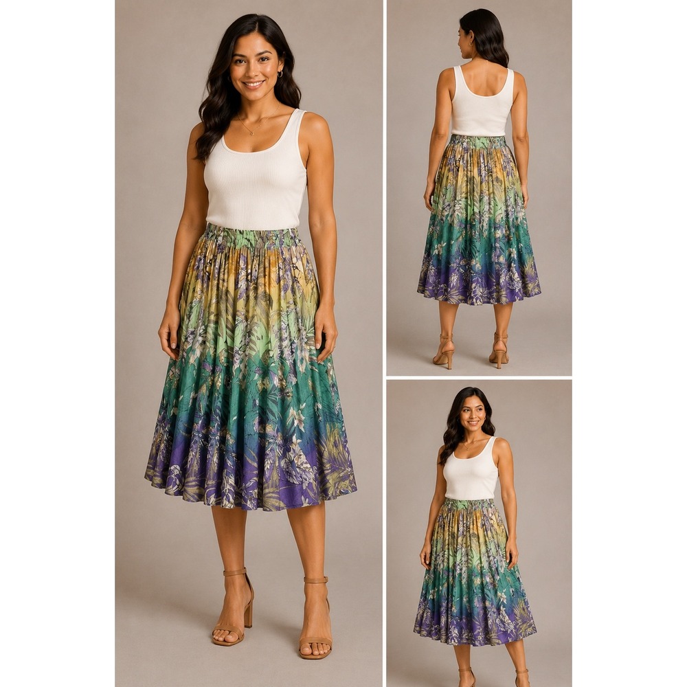 Unbranded Tropical Floral‎ Crinkle Midi Skirt Green Purple Size M